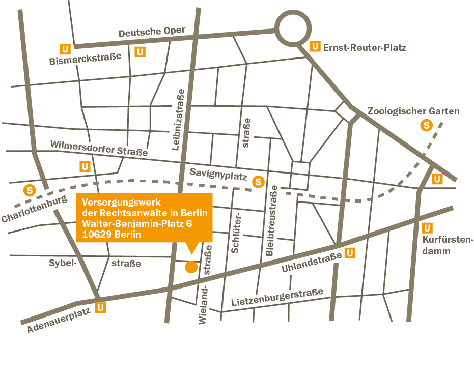 Versorgungswerk der Rechtsanwälte in Berlin Körperschaft des öffentlichen Rechts Walter-Benjamin-Platz 6 10629 Berlin Google-Maps > Fon: +49 (0)30 88 71 82 50 Fax: +49 (0)30 88 71 82 579 E-Mail: info@b-rav.de